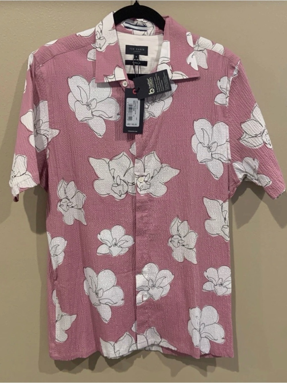 NWT $150 Men’s Ted Baker Pink Floral Print Short Sleeve Shirt Size L Large